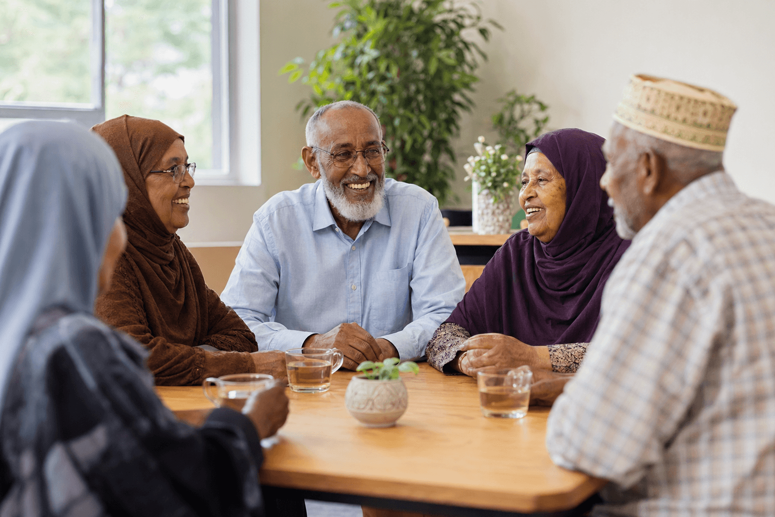 Somali elders smiling together around a table at a community gathering