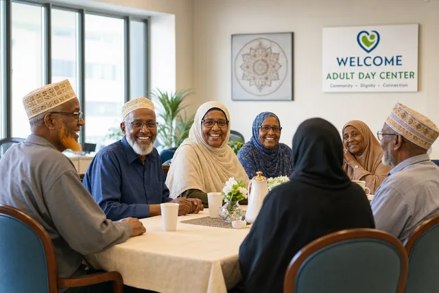 Elderly Somali adults smiling together around a table at a community gathering